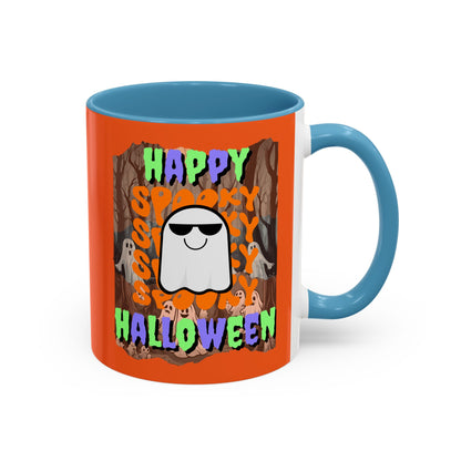 Spooky Happy Halloween Ghost Mixed font Orange Accent Mug by CreepyCrafts.boo