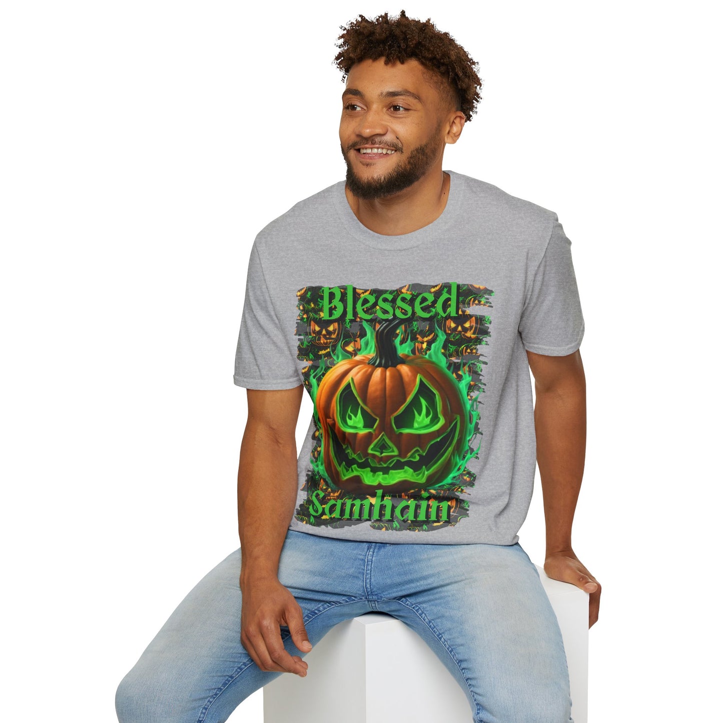 Blessed Samhain Green Jack Light colors Unisex T-Shirt by CreepyCrafts.boo