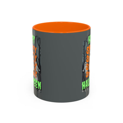 Spooky Happy Halloween Ghost Green font Grey Accent Mug by CreepyCrafts.boo