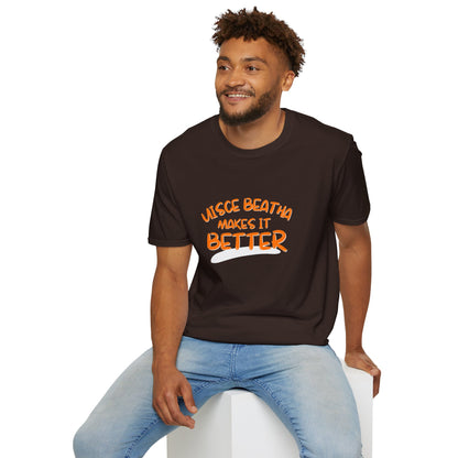 Uisce Beatha makes it better Orange font Dark colors Unisex T-Shirt by cypherpunkgear.com