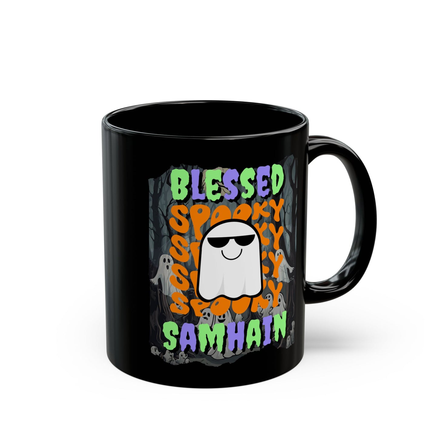 Spooky Blessed Samhain Ghost Mixed font Black Mug by CreepyCrafts.boo
