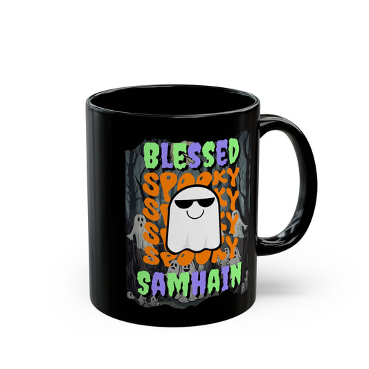 Spooky Blessed Samhain Ghost Mixed font Black Mug by CreepyCrafts.boo