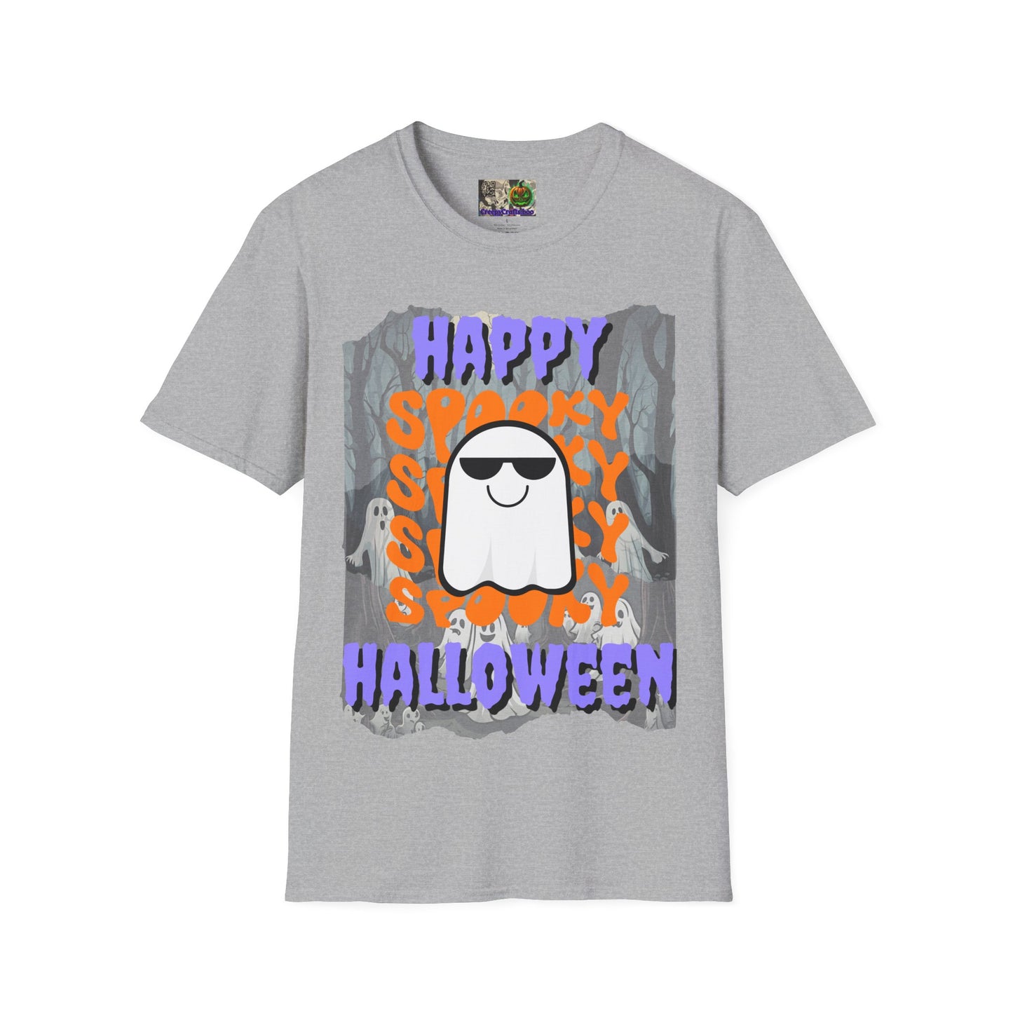 Spooky Happy Halloween Ghost Light colors Purple font Unisex T-Shirt by CreepyCrafts.boo