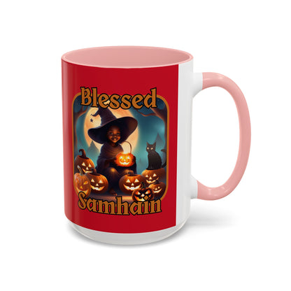 Blessed Samhain Cute Witch Orange font Red Accent Mug by CreepyCrafts.boo