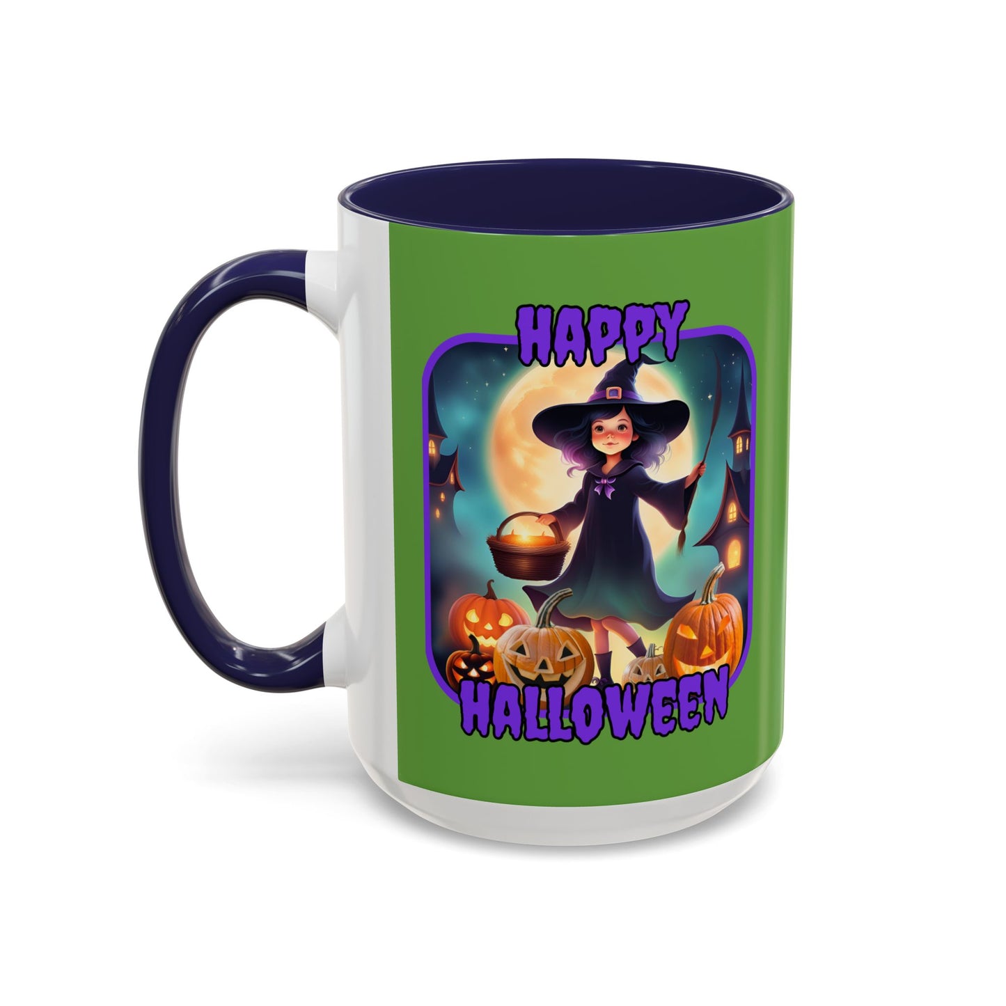 Happy Halloween Little Witch Purple font Green Accent Mug by CreepyCrafts.boo