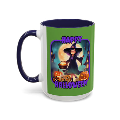 Happy Halloween Little Witch Purple font Green Accent Mug by CreepyCrafts.boo