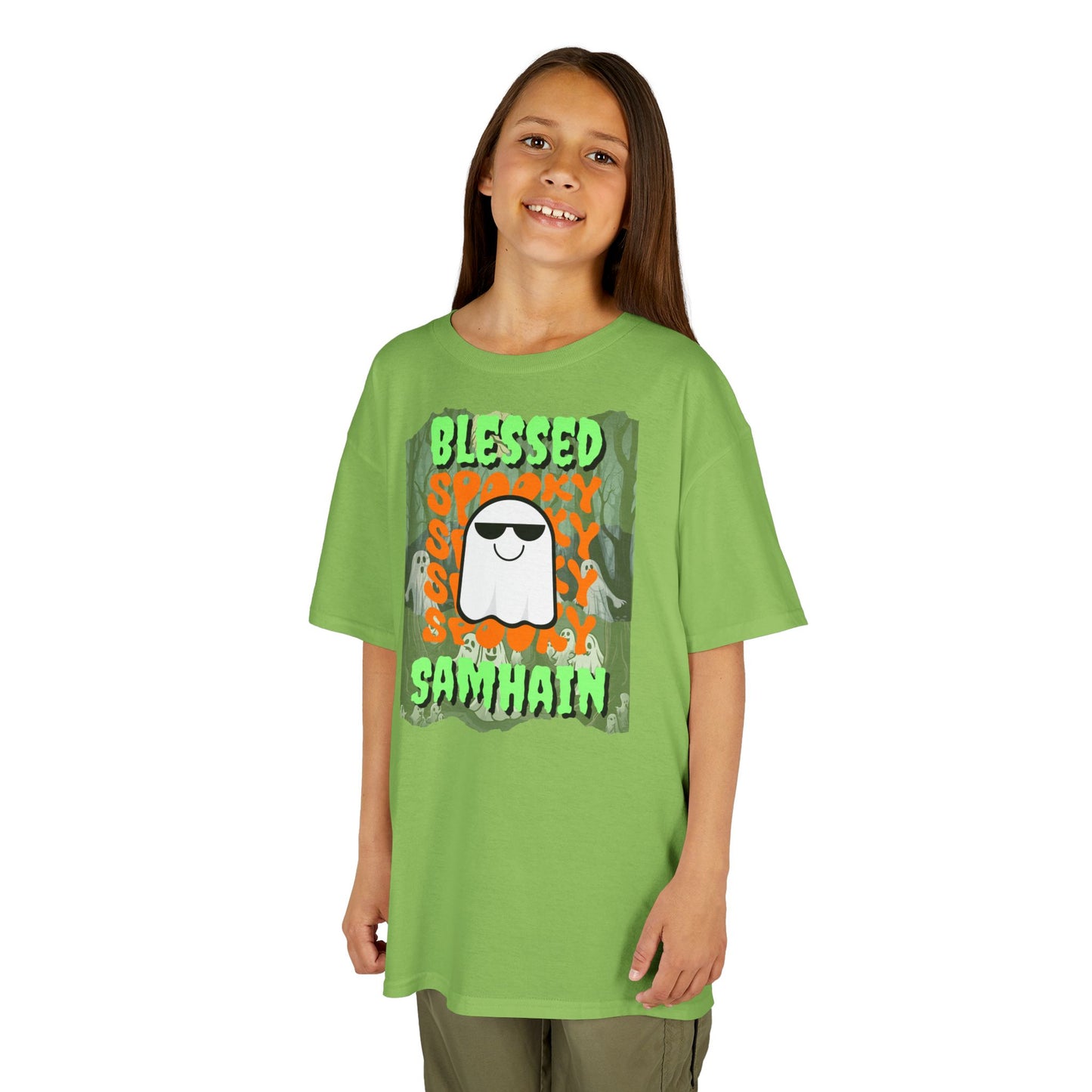 Spooky Blessed Samhain Ghost Green font Kids Heavy Cotton™ Tee by CreepyCrafts.boo