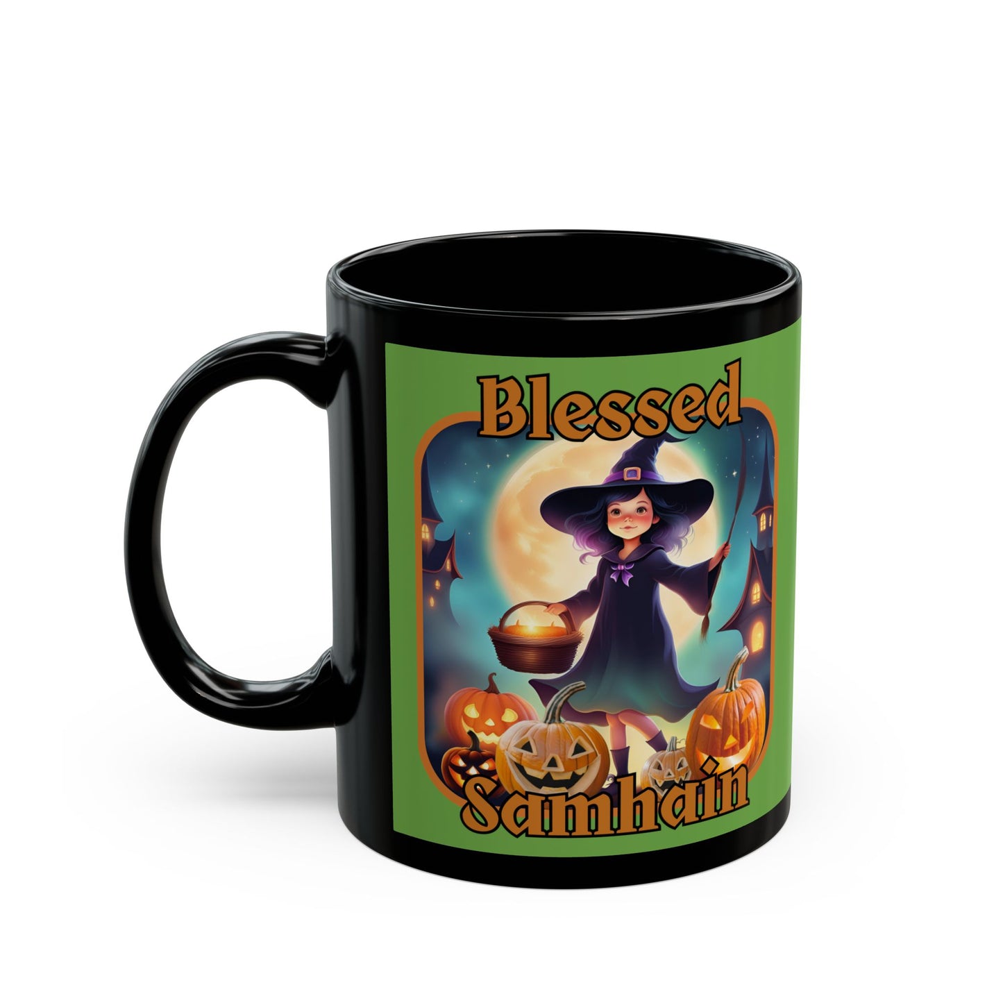 Blessed Samhain Little Witch Orange font Green Mug by CreepyCrafts.boo