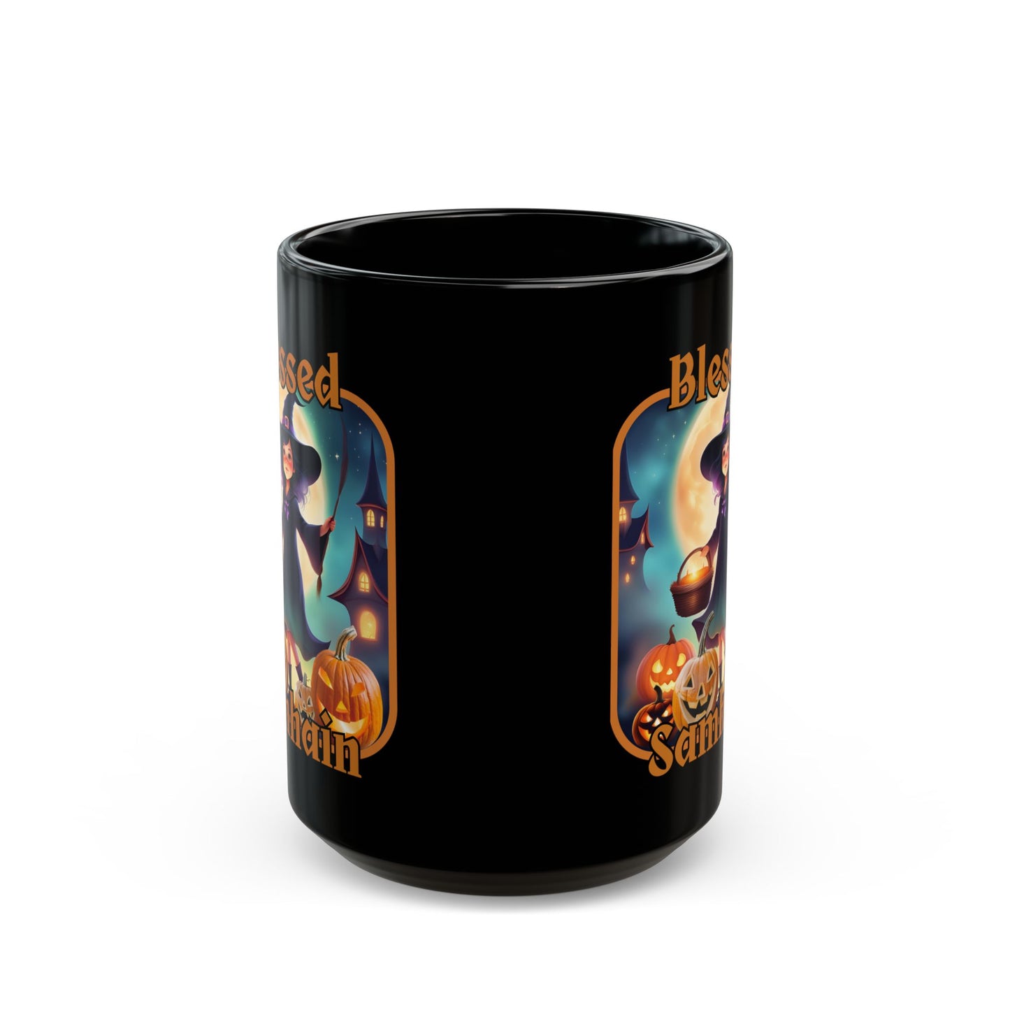 Blessed Samhain Little Witch Orange font Black Mug by CreepyCrafts.boo