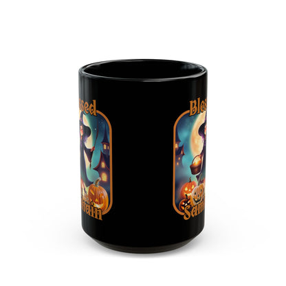Blessed Samhain Little Witch Orange font Black Mug by CreepyCrafts.boo