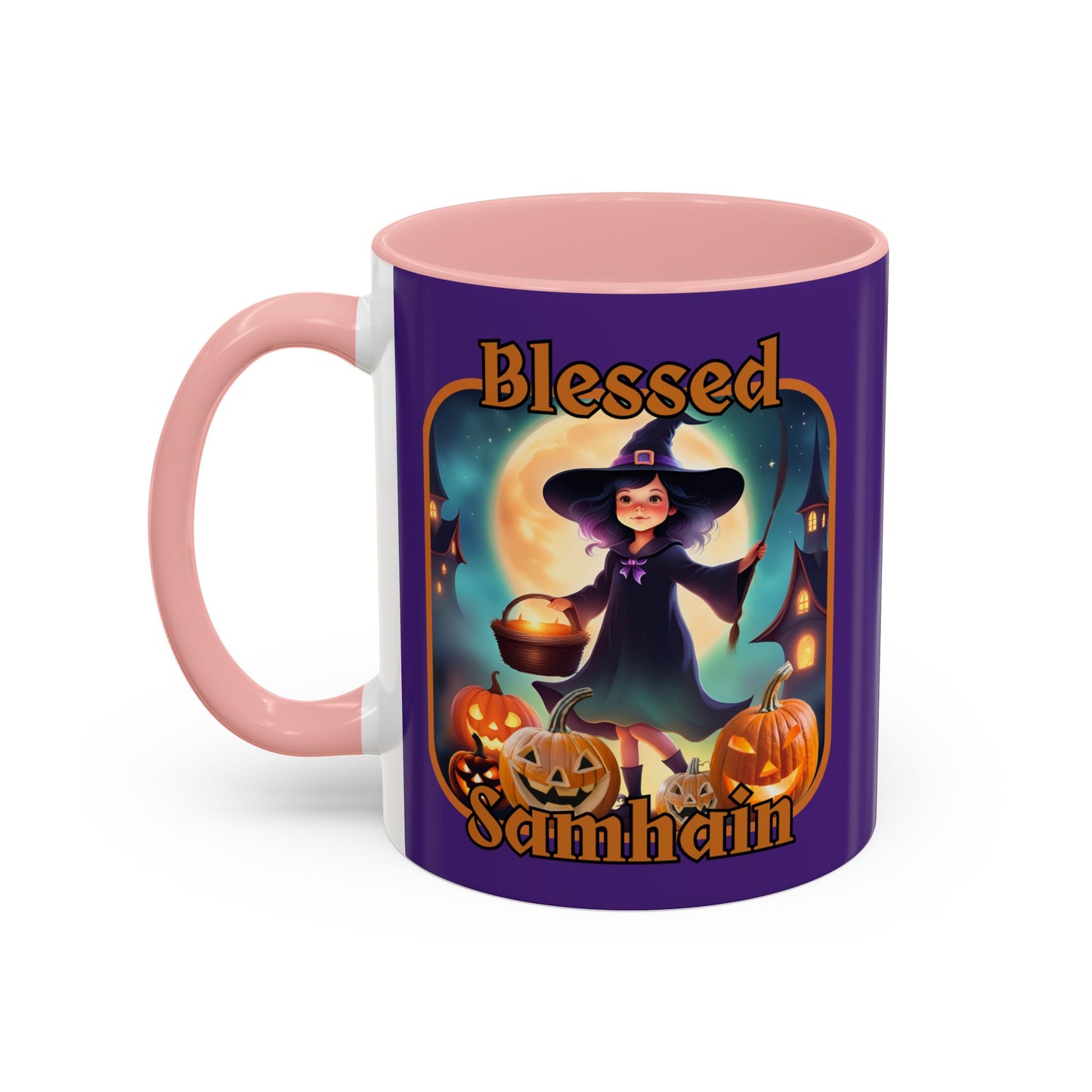 Blessed Samhain Little Witch Orange font Purple Accent Mug by CreepyCrafts.boo