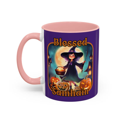 Blessed Samhain Little Witch Orange font Purple Accent Mug by CreepyCrafts.boo