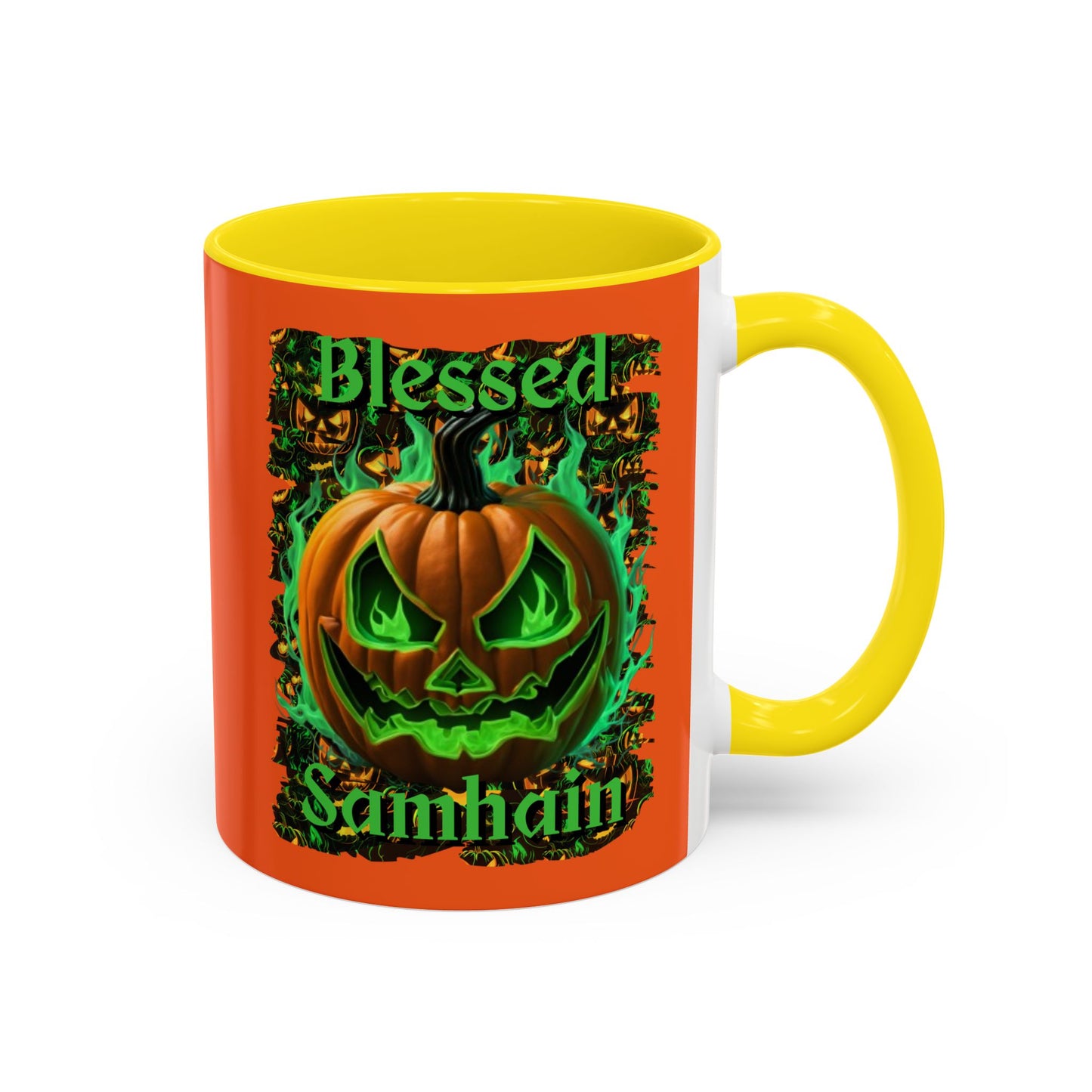 Blessed Samhain Green Jack Orange Accent Mug by CreepyCrafts.boo