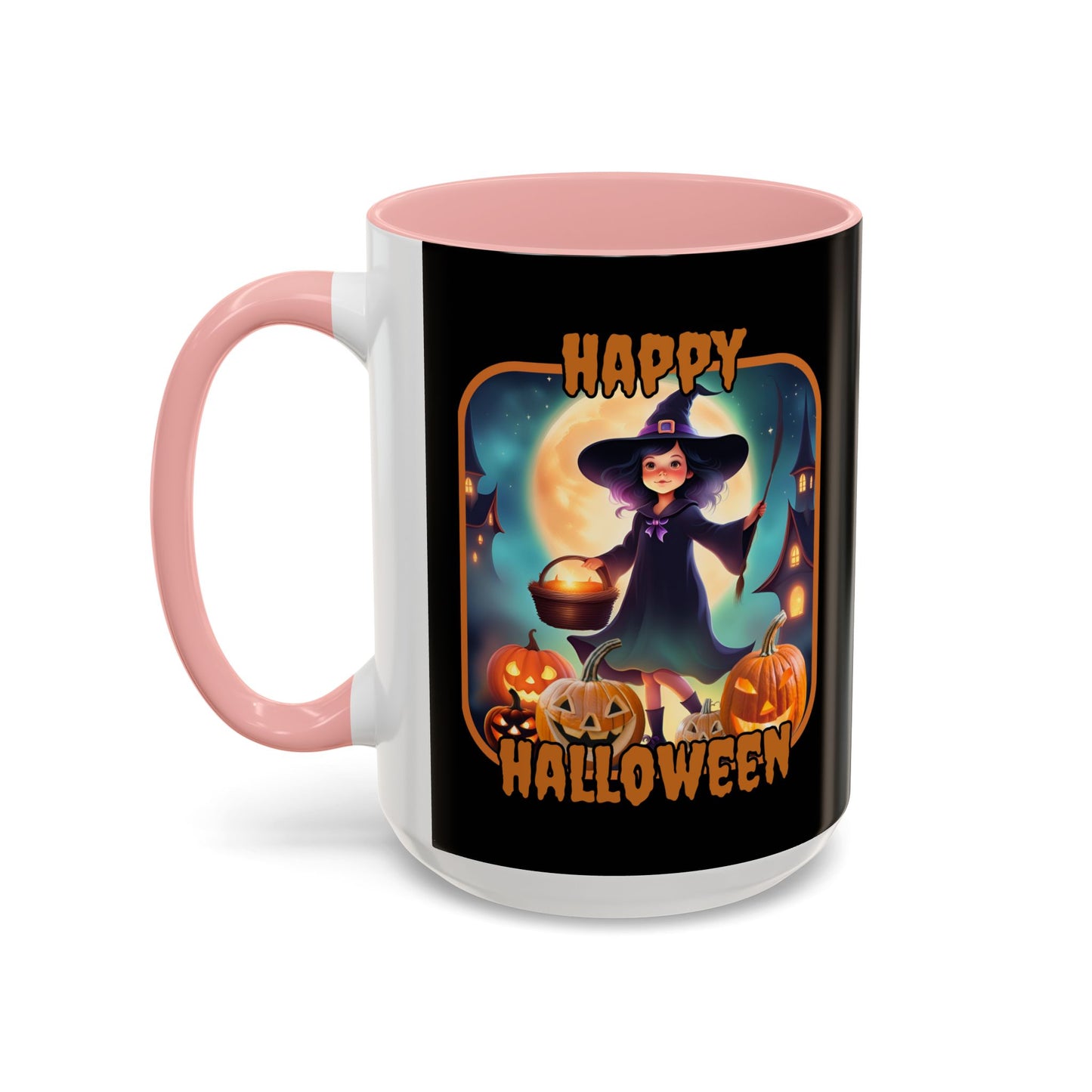 Happy Halloween Little Witch Orange font Black Accent Mug by CreepyCrafts.boo