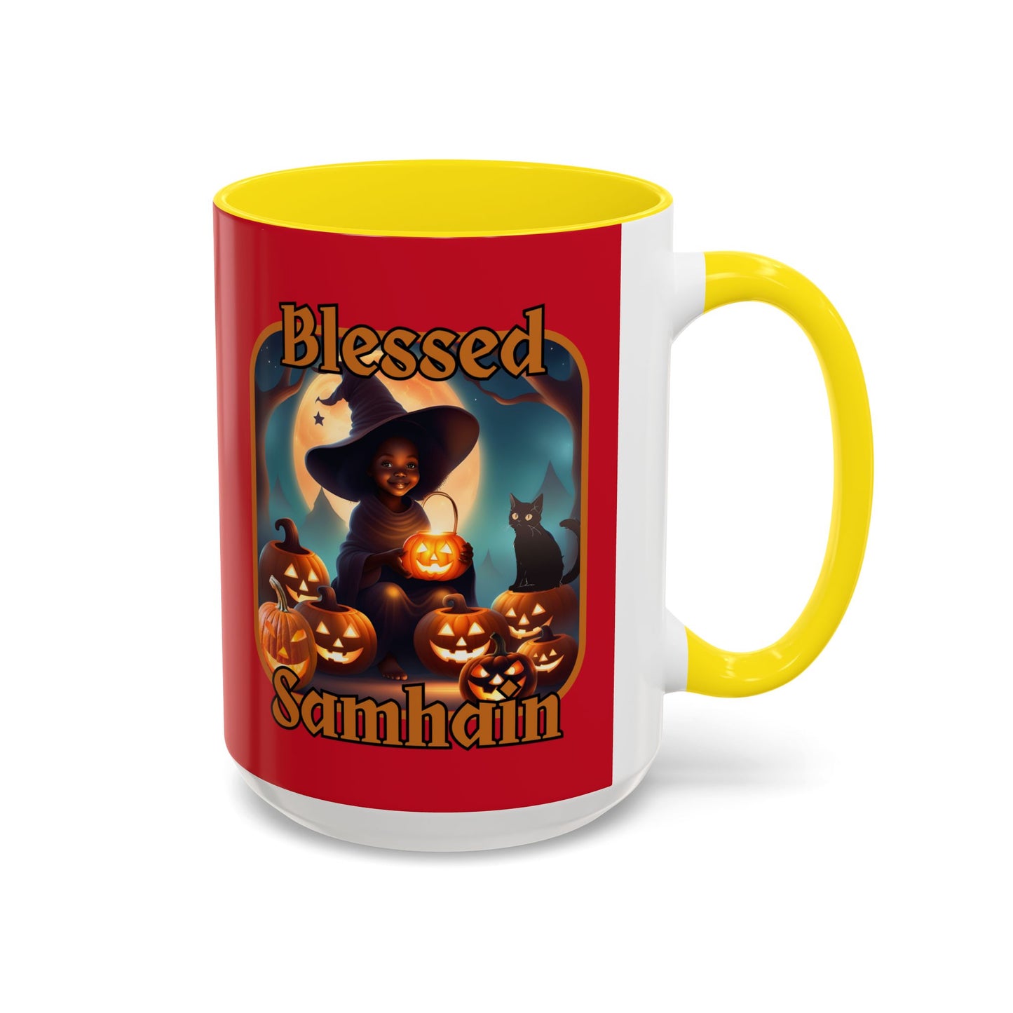 Blessed Samhain Cute Witch Orange font Red Accent Mug by CreepyCrafts.boo