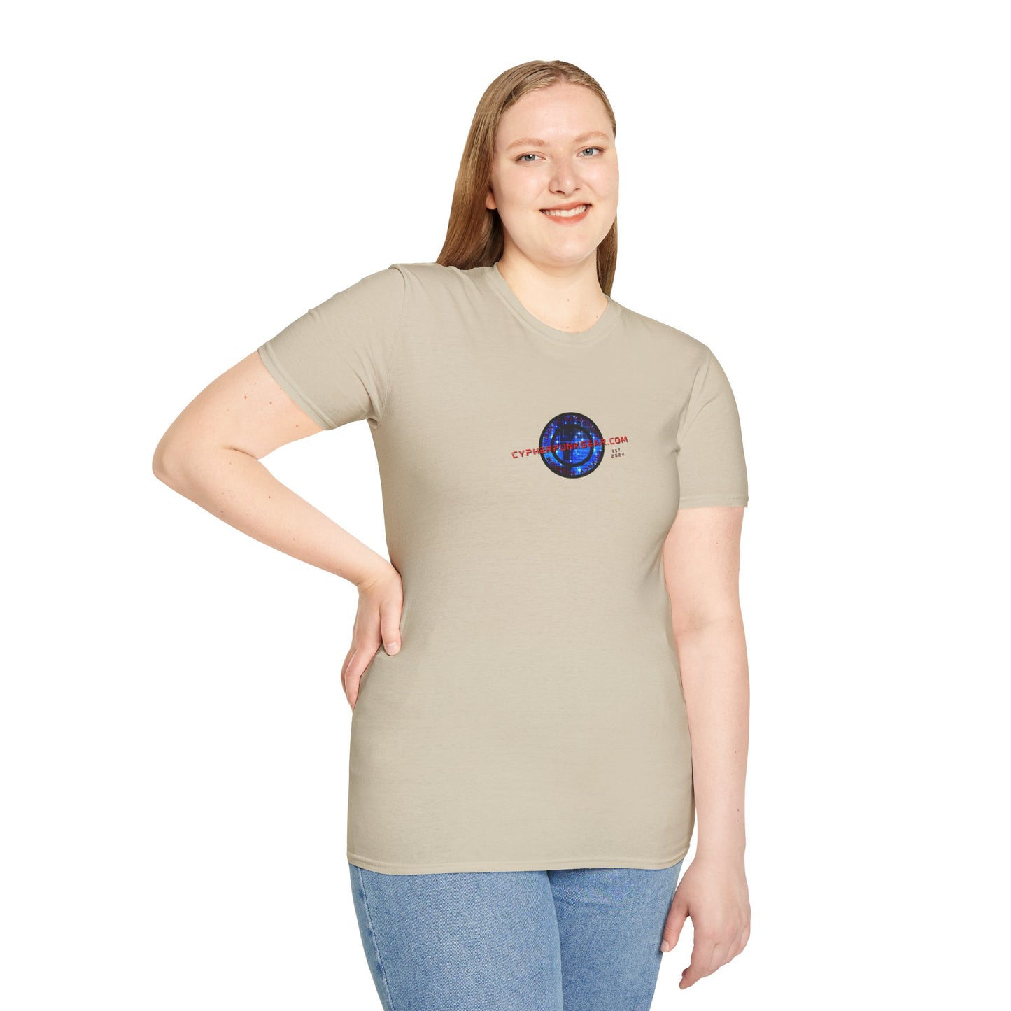 2-sided, cypherpunkgear.com Logo & Cityscape Light colors Unisex T-Shirt by cypherpunkgear.com