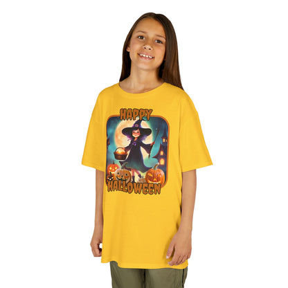 Happy Halloween Little Witch Orange font Kids Heavy Cotton™ Tee by CreepyCrafts.boo