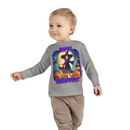 Happy Halloween Little Witch Purple font Toddler Long Sleeve Tee by CreepyCrafts.boo