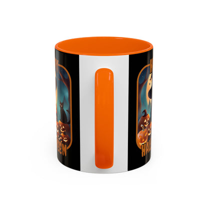 Happy Halloween Cute Witch Orange font Black Accent Mug by CreepyCrafts.boo