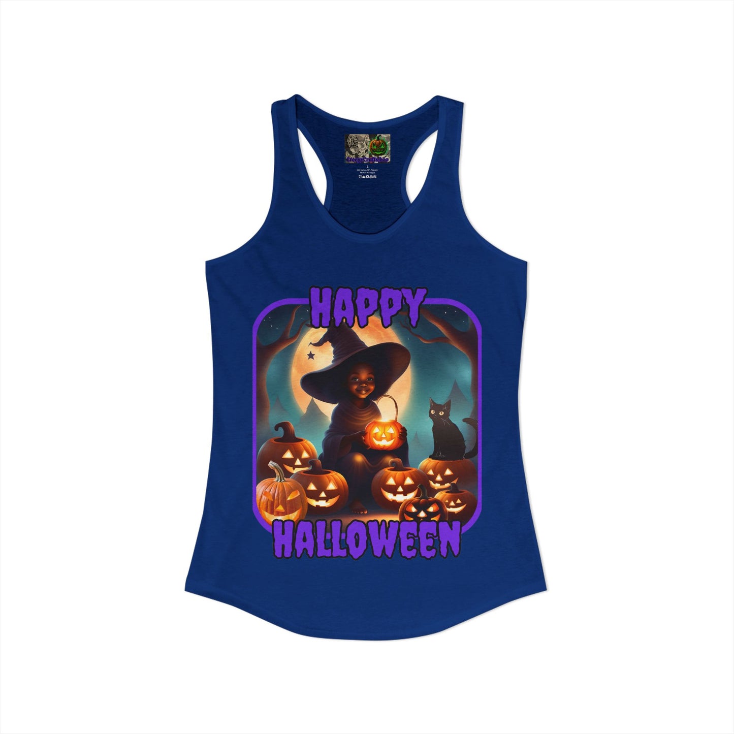 Happy Halloween Cute Witch Purple font Women's Racerback Tank Top by CreepyCrafts.boo
