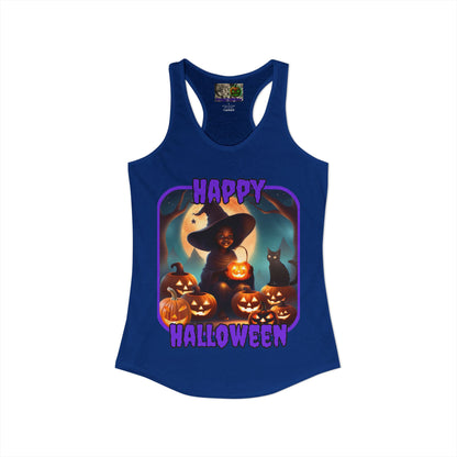 Happy Halloween Cute Witch Purple font Women's Racerback Tank Top by CreepyCrafts.boo