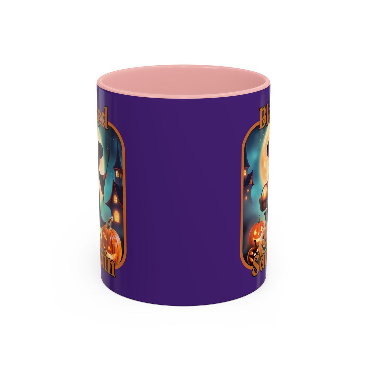 Blessed Samhain Little Witch Orange font Purple Accent Mug by CreepyCrafts.boo