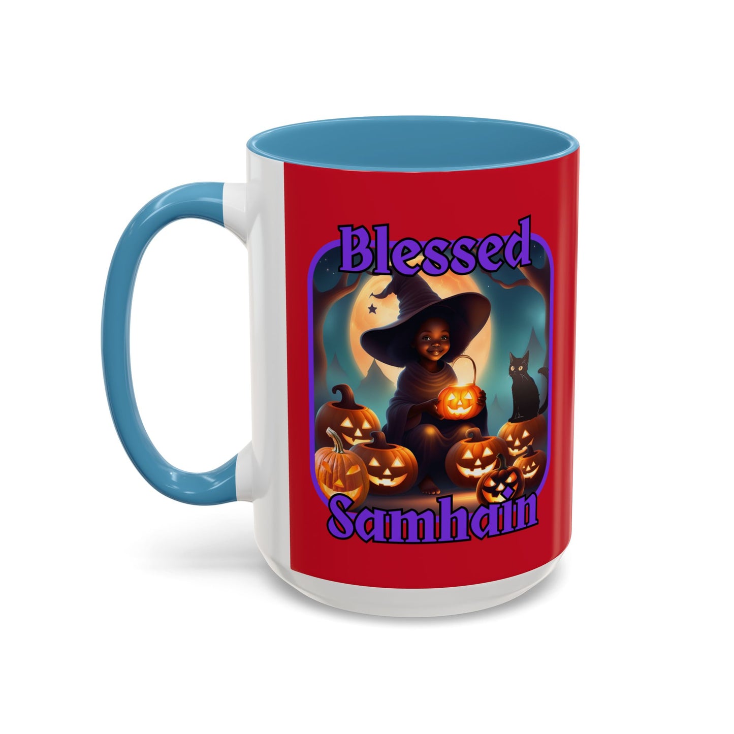 Blessed Samhain Cute Witch Purple font Red Accent Mug by CreepyCrafts.boo