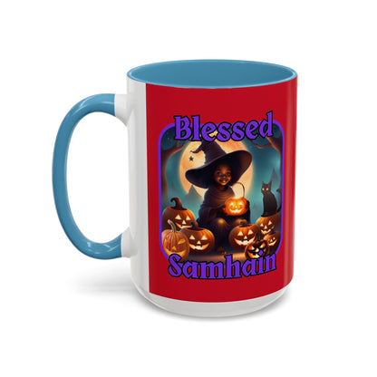 Blessed Samhain Cute Witch Purple font Red Accent Mug by CreepyCrafts.boo