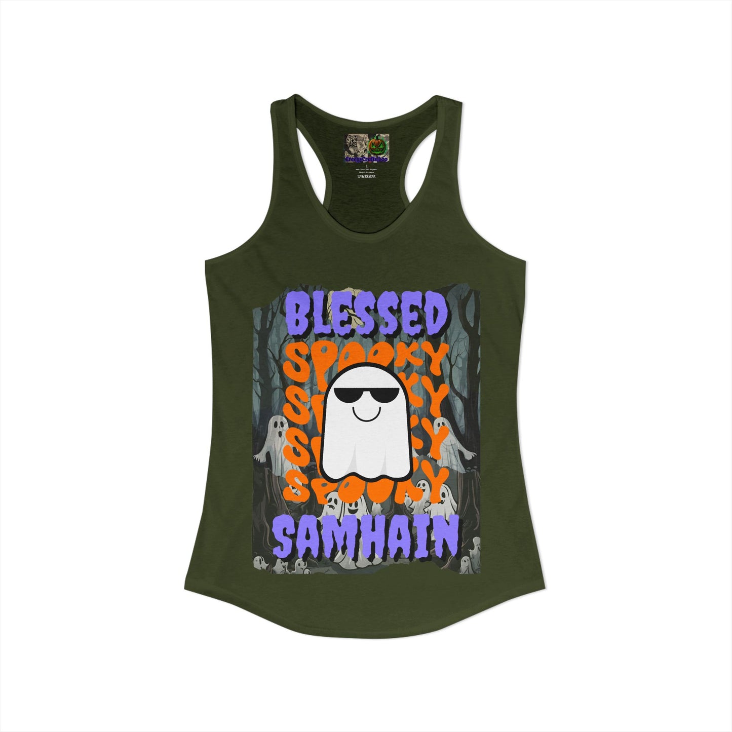 Spooky Blessed Samhain Ghost Purple font Women's Racerback Tank Top by CreepyCrafts.boo