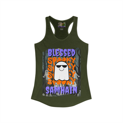Spooky Blessed Samhain Ghost Purple font Women's Racerback Tank Top by CreepyCrafts.boo