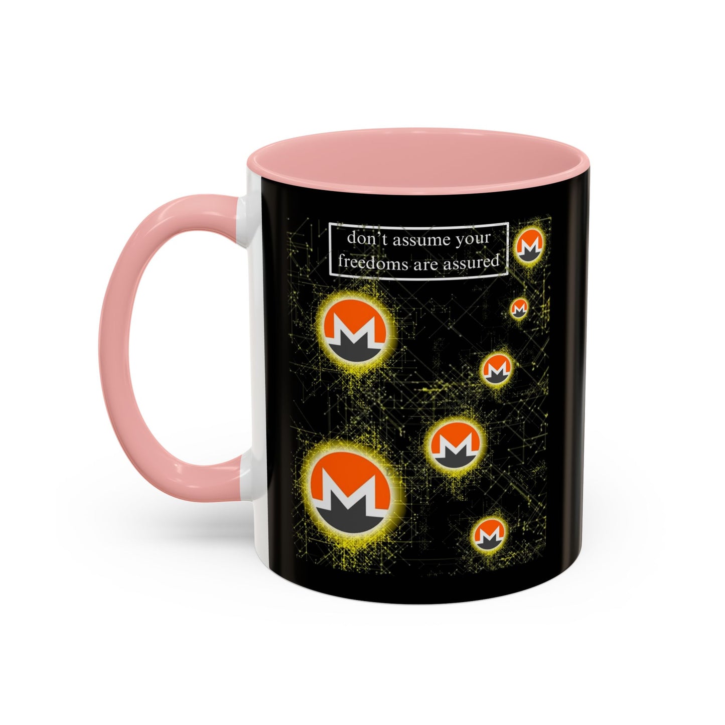 Monero (XMR) don't assume your freedoms are assured Black Accent Mug by cypherpunkgear.com