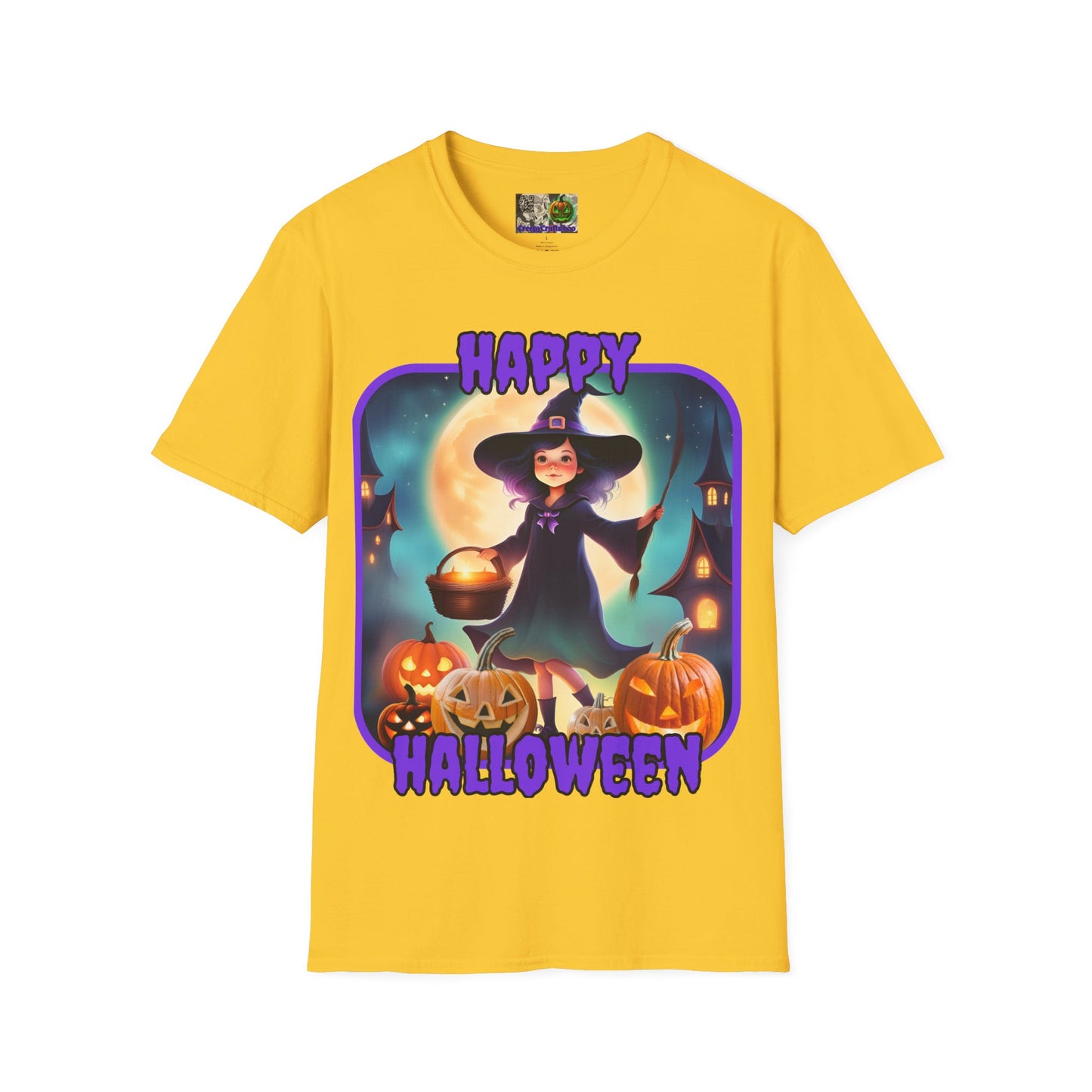 Happy Halloween Little Witch Purple font, Light colors, Unisex T-Shirt by CreepyCrafts.boo