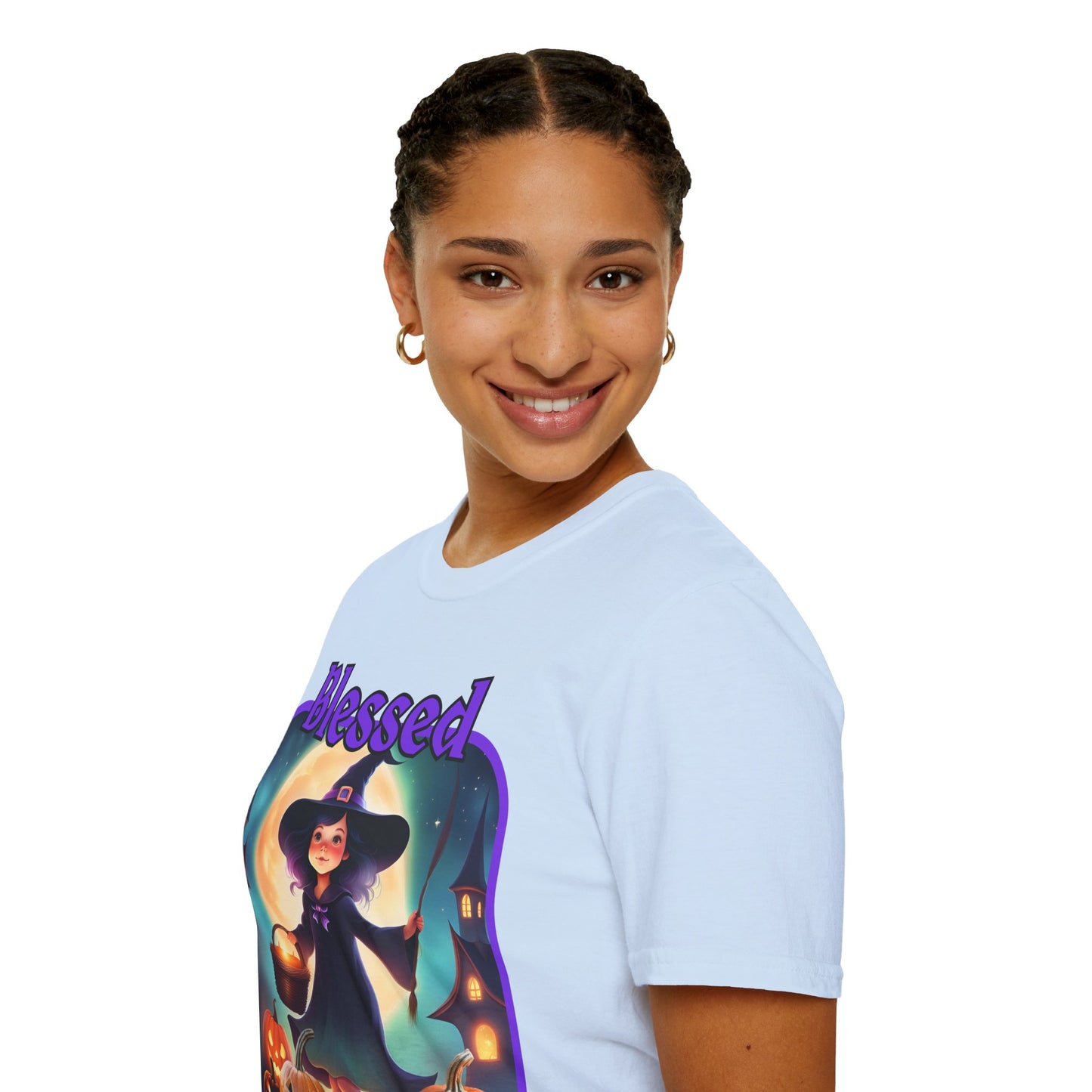 Blessed Samhain Little Witch Purple font Light colors Unisex T-Shirt by CreepyCrafts.boo