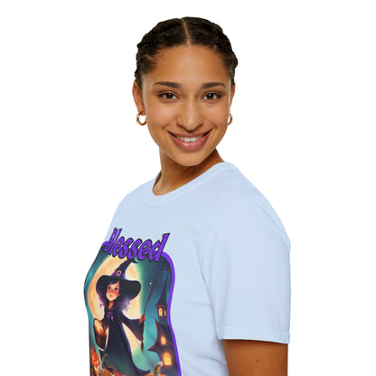 Blessed Samhain Little Witch Purple font Light colors Unisex T-Shirt by CreepyCrafts.boo