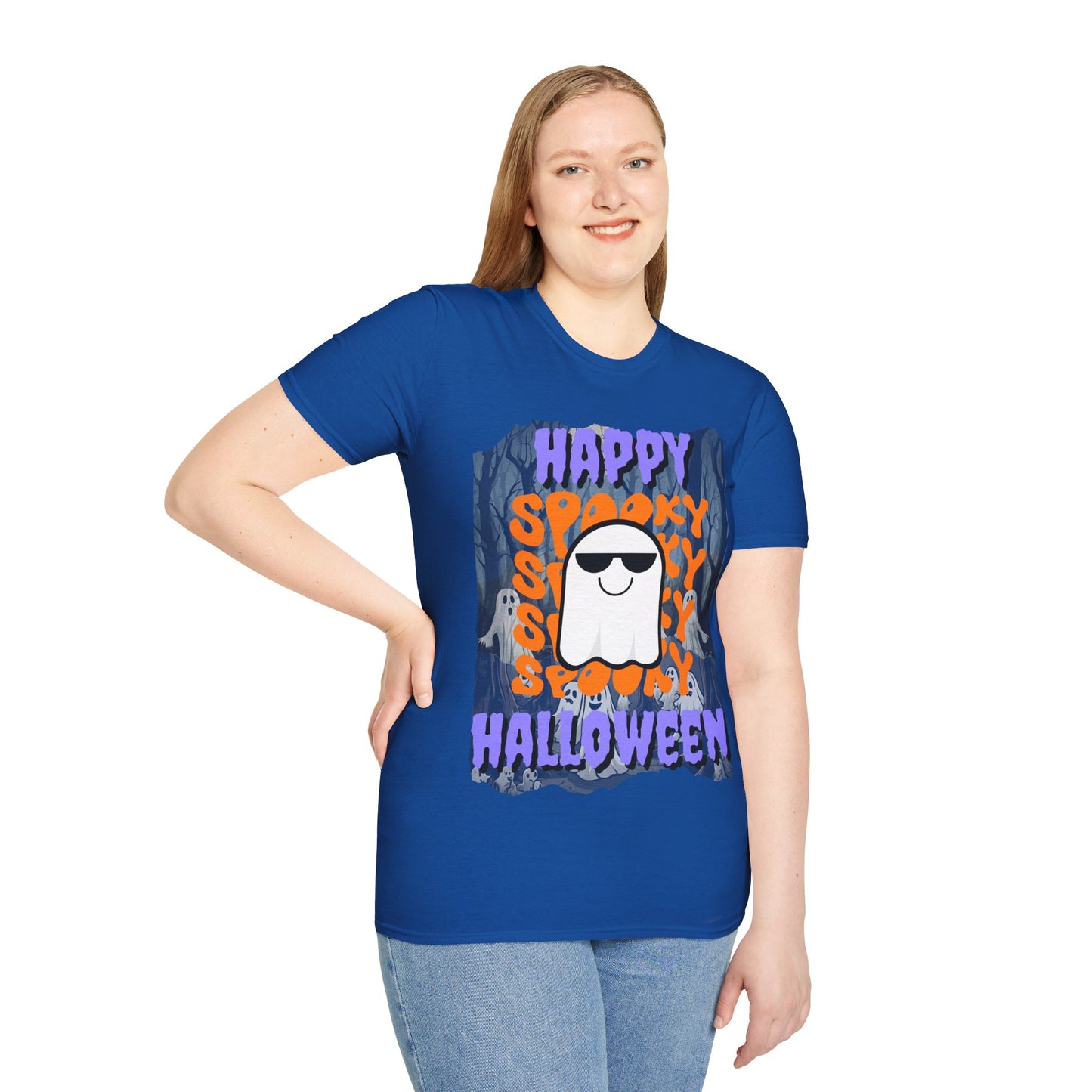 Spooky Happy Halloween Ghost Dark colors Purple font Unisex T-Shirt by CreepyCrafts.boo