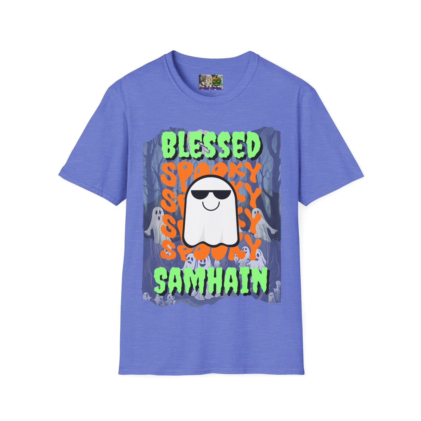 Spooky Blessed Samhain Ghost Green font Unisex T-Shirt by CreepyCrafts.boo