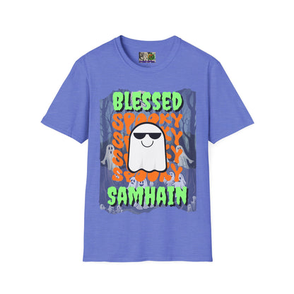 Spooky Blessed Samhain Ghost Green font Unisex T-Shirt by CreepyCrafts.boo