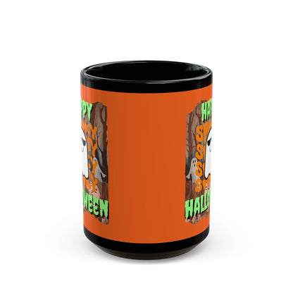 Spooky Happy Halloween Ghost Green font Orange Mug by CreepyCrafts.boo