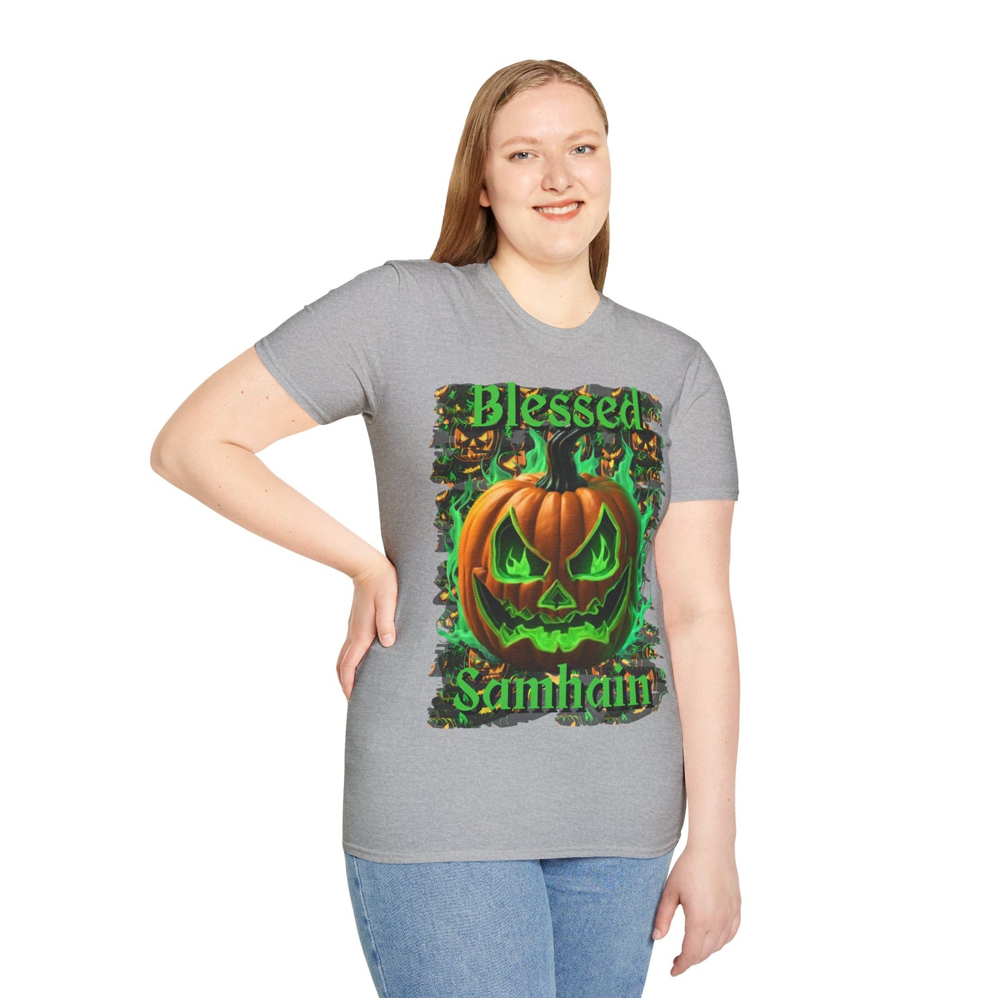 Blessed Samhain Green Jack Light colors Unisex T-Shirt by CreepyCrafts.boo