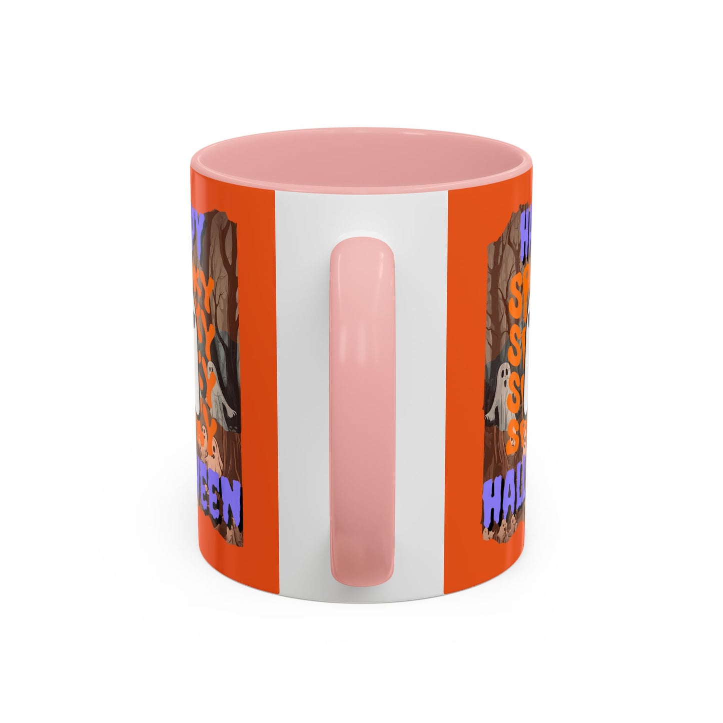 Spooky Happy Halloween Ghost Purple font Orange Accent Mug by CreepyCrafts.boo