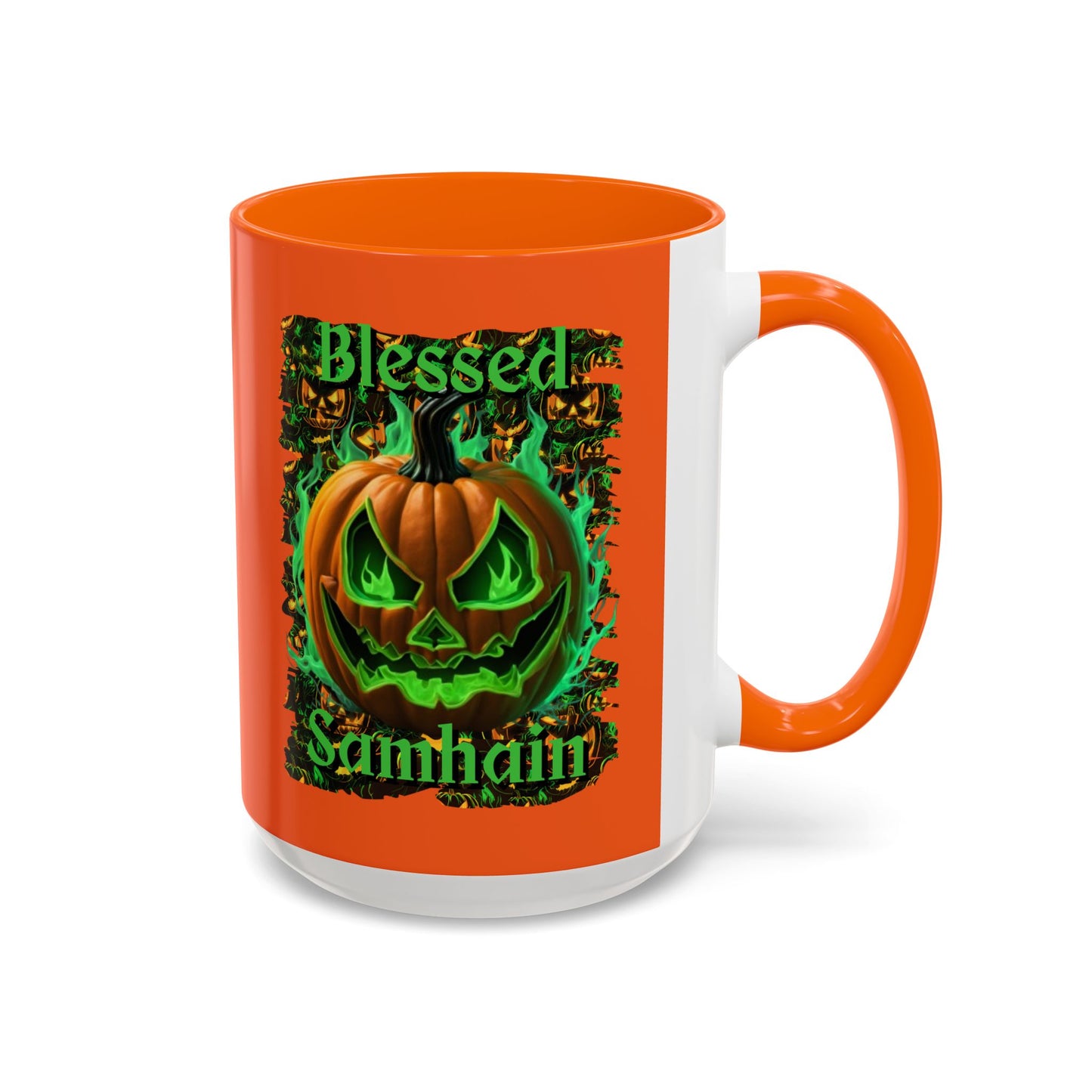 Blessed Samhain Green Jack Orange Accent Mug by CreepyCrafts.boo