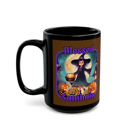 Blessed Samhain Little Witch Purple font Brown Mug by CreepyCrafts.boo