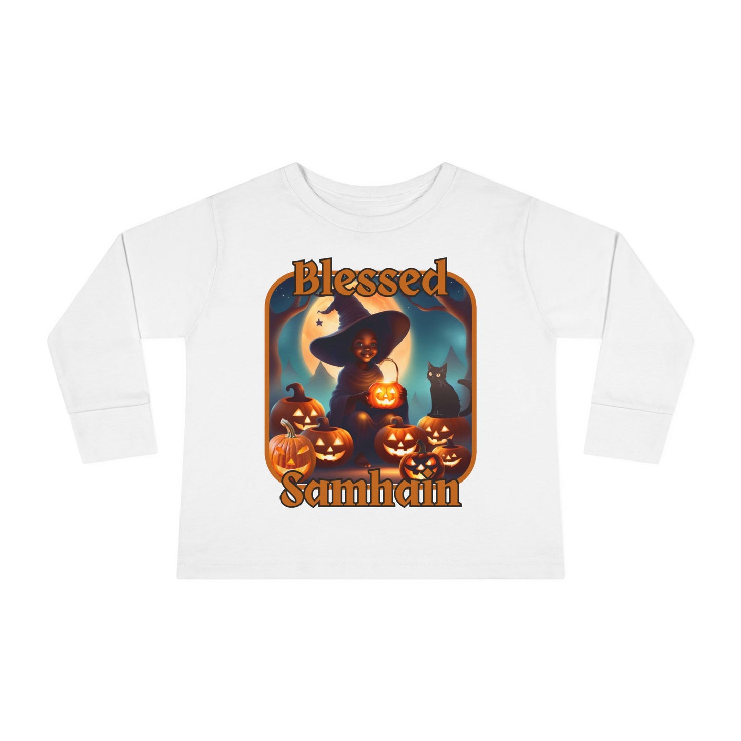 Blessed Samhain Cute Witch Orange font Toddler Long Sleeve Tee by CreepyCrafts.boo