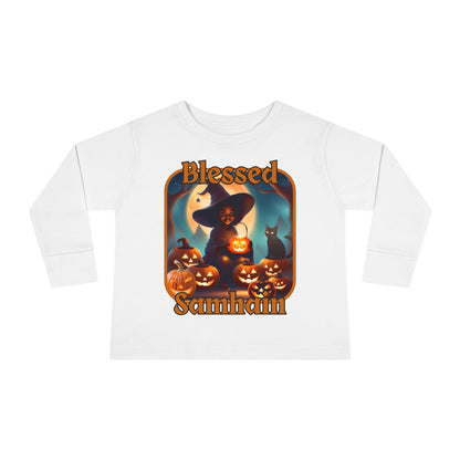 Blessed Samhain Cute Witch Orange font Toddler Long Sleeve Tee by CreepyCrafts.boo