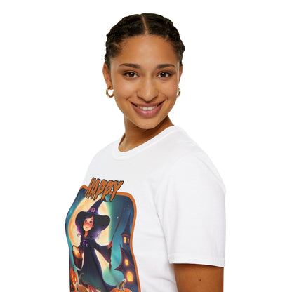 Happy Halloween Little Witch Orange font, Light colors, Unisex T-Shirt by CreepyCrafts.boo