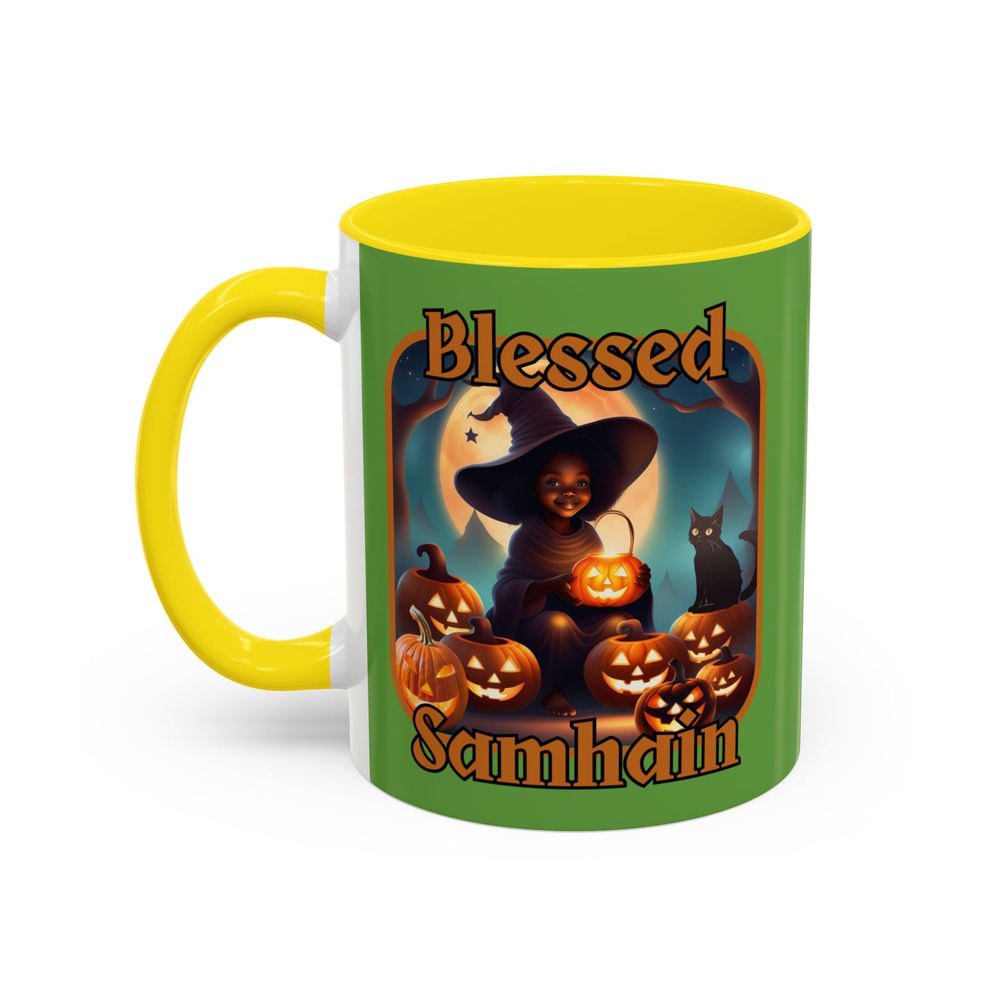 Blessed Samhain Cute Witch Orange font Green Accent Mug by CreepyCrafts.boo