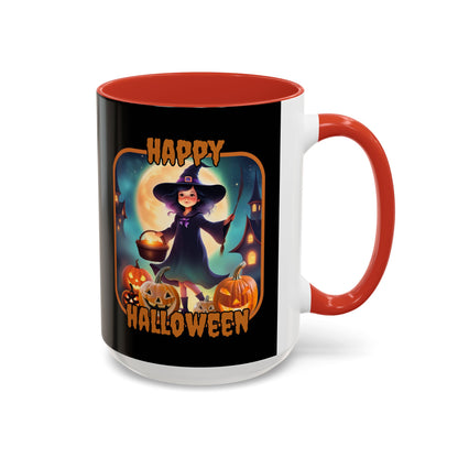 Happy Halloween Little Witch Orange font Black Accent Mug by CreepyCrafts.boo