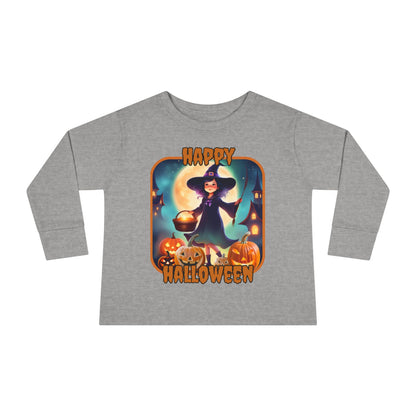 Happy Halloween Little Witch Orange font Toddler Long Sleeve Tee by CreepyCrafts.boo