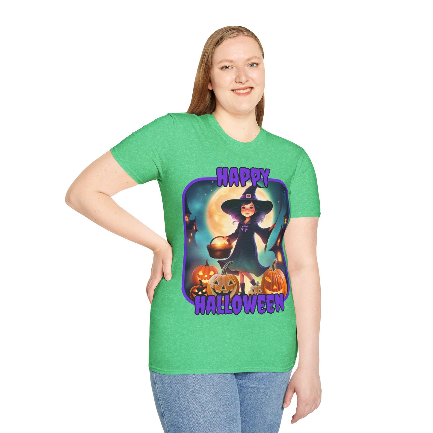 Happy Halloween Little Witch Purple font, Dark colors, Unisex T-Shirt by CreepyCrafts.boo