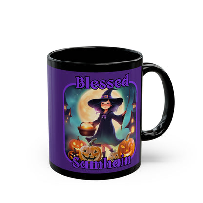 Blessed Samhain Little Witch Purple font Purple Mug by CreepyCrafts.boo